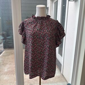 entro Pink and Black Floral Ruffle-Sleeve Blouse